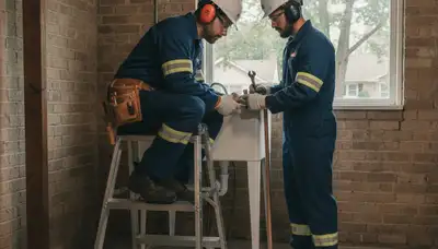 Plumber repairing pipe under sink in Oak Park, IL for residential plumbing service